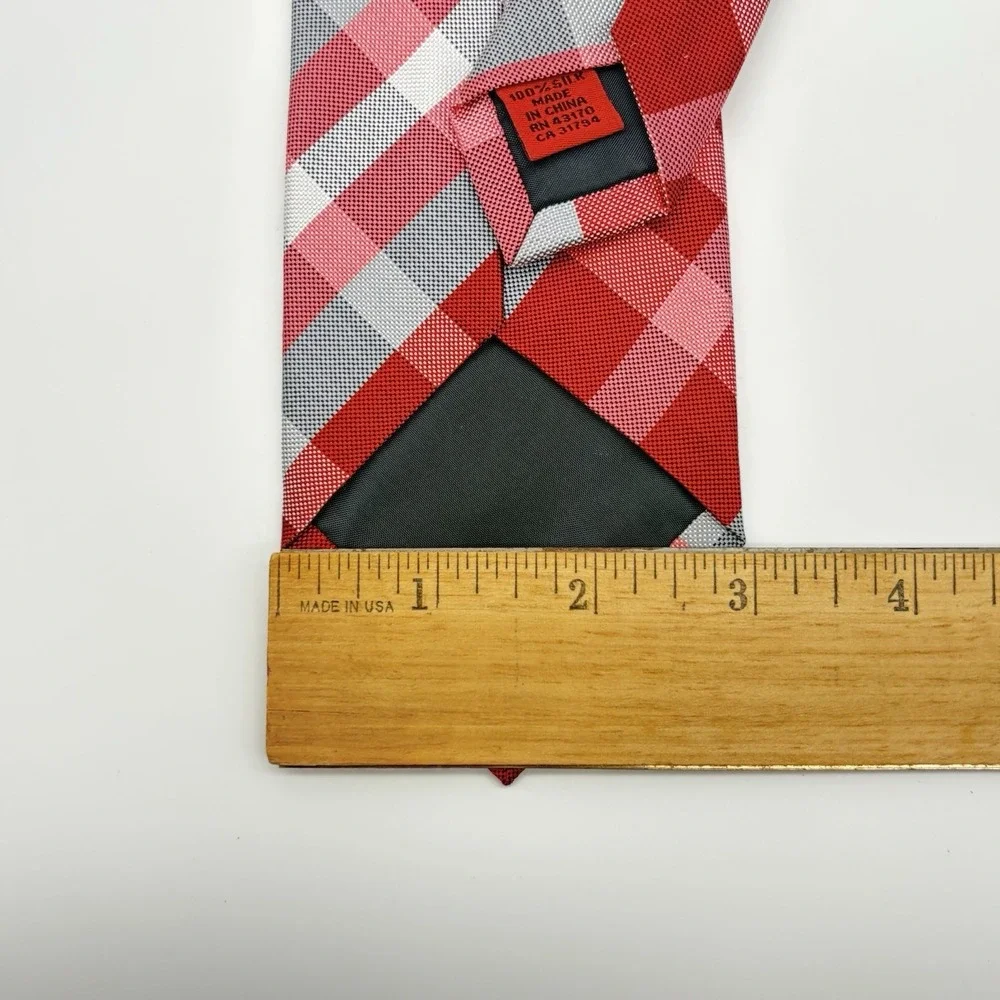 Aflani Spectrum Red & Gray Plaid Pattern Silk Necktie NEW - Picture 8 of 9